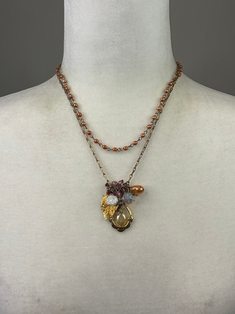 Layered Necklace Gold Tone Faux Pearl Strand Charms Leaf Beaded Feminine